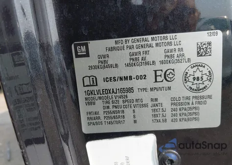 2010 GMC Acadia Sle z USA, uszkodzony, nr VIN 1GKLVLEDXAJ165985